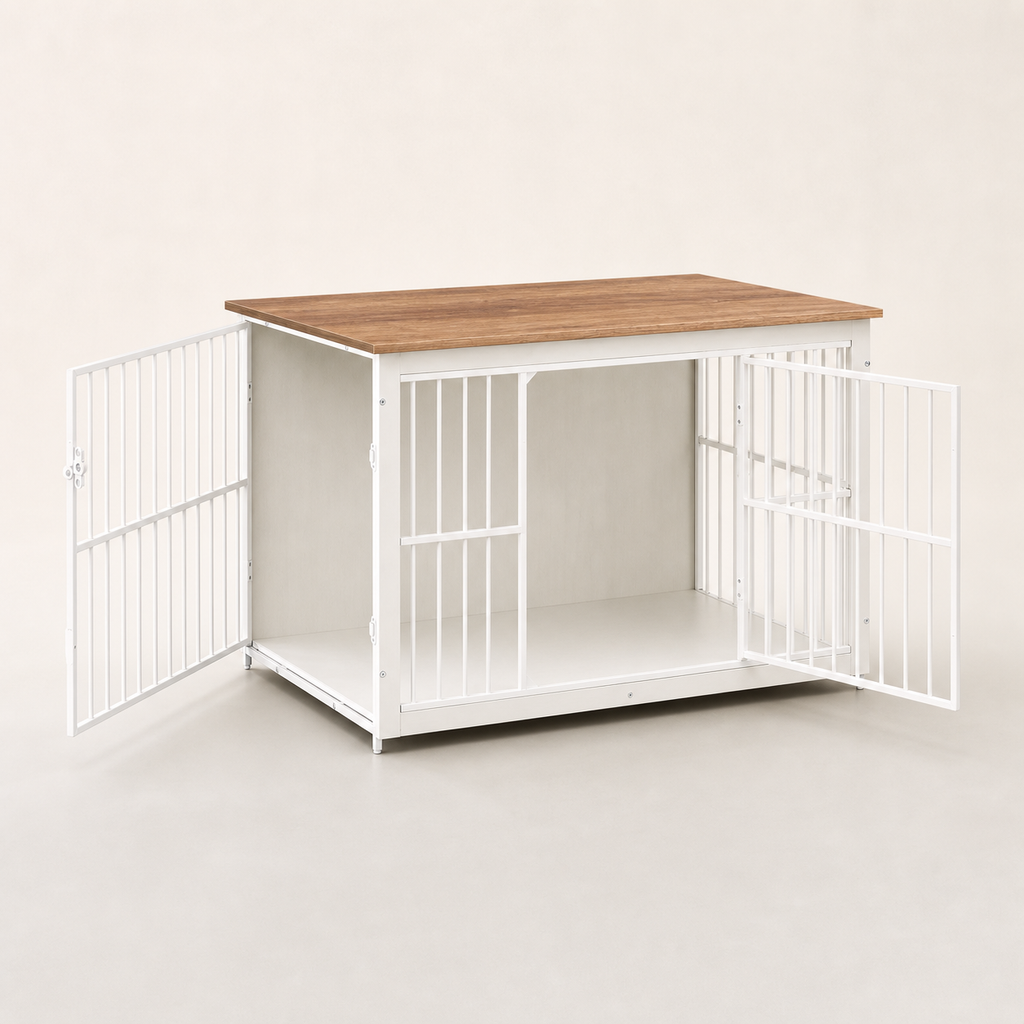 Premium Dog Crate Furniture | Kennel End Table – Rustic Brown & White