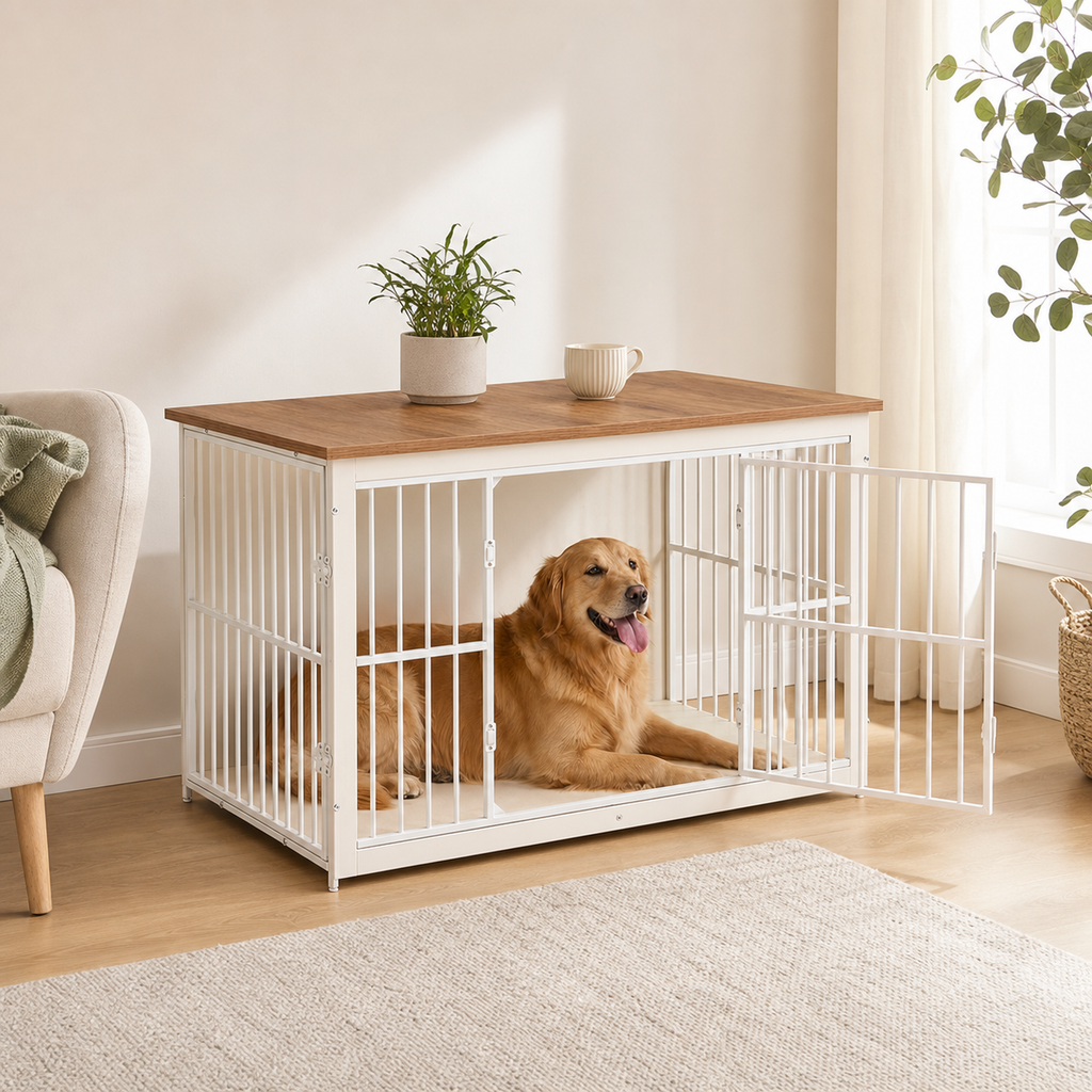 Premium Dog Crate Furniture | Kennel End Table – Rustic Brown & White