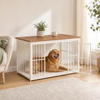 Premium Dog Crate Furniture | Kennel End Table – Rustic Brown & White