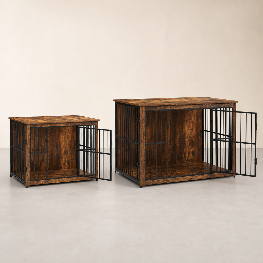 Premium Dog Crate Furniture | Kennel End Table – Rustic Brown & White