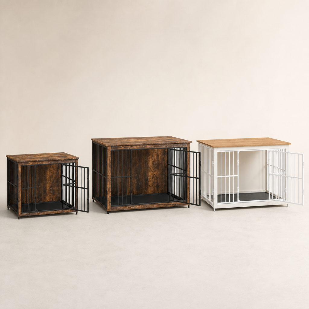 Premium Dog Crate Furniture | Kennel End Table – Rustic Brown & White