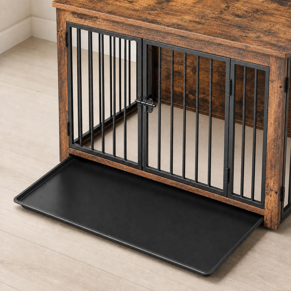 Premium Dog Crate Furniture | Kennel End Table – Rustic Brown & White