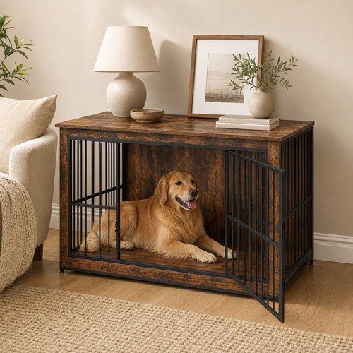 Premium Dog Crate Furniture | Kennel End Table – Rustic Brown & White