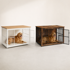 Premium Dog Crate Furniture | Kennel End Table – Rustic Brown & White